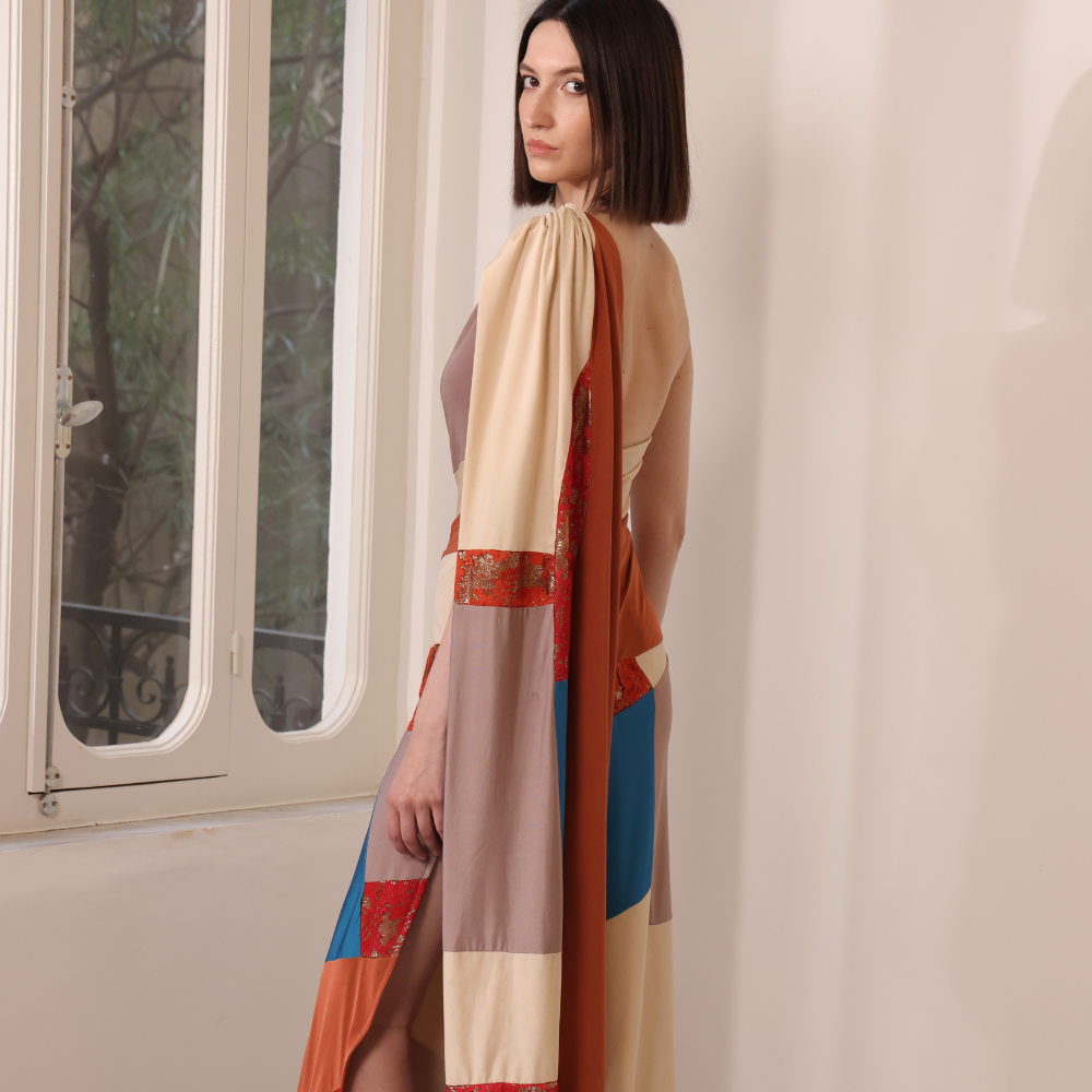 Handmade long patchwork silk jersey off-shoulder dress