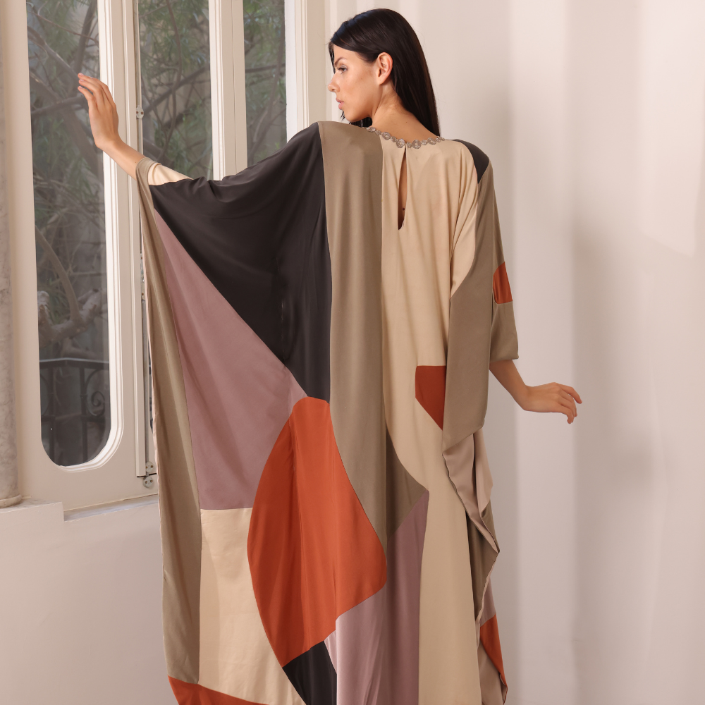 Handmade patchwork silk jersey kaftan dress with gold guipure details