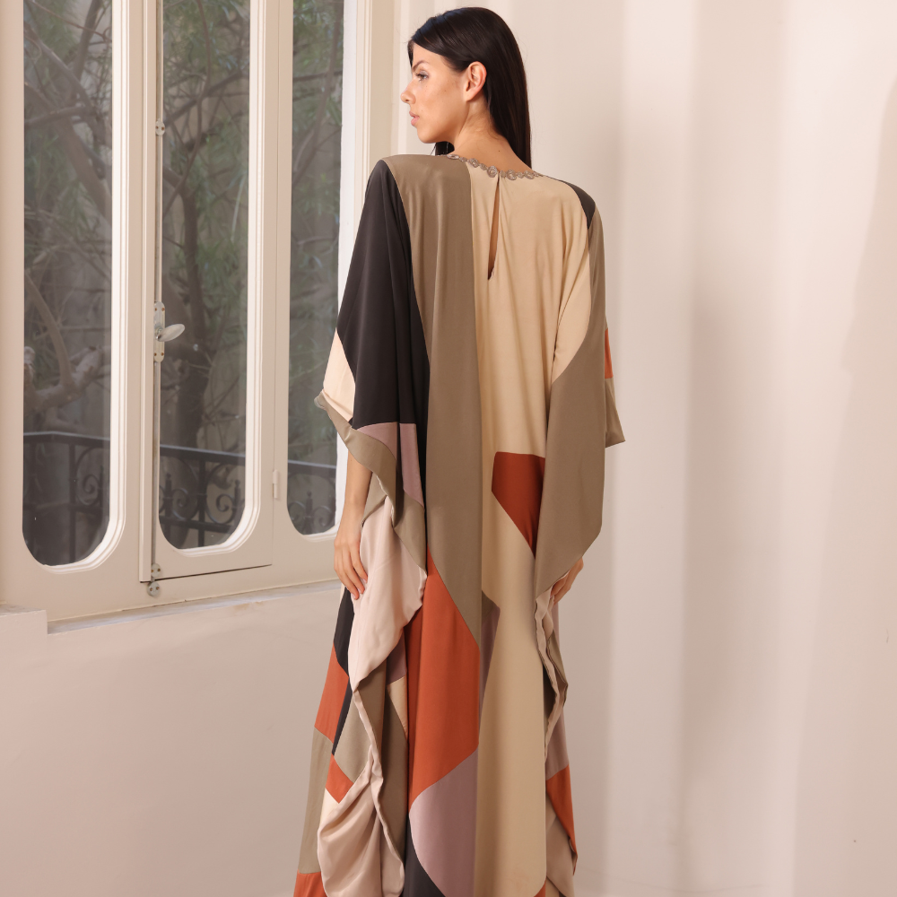 Handmade patchwork silk jersey kaftan dress with gold guipure details