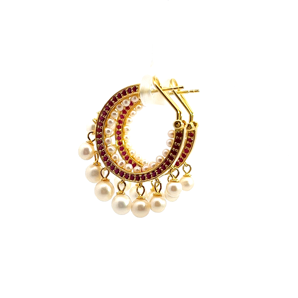 Shop online premium 18K gold pearl hoop earrings with ruby accents and dangling pearls.