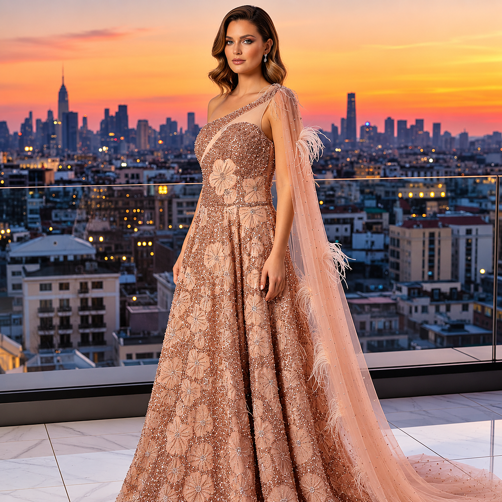 Shop online from our exclusive website. Discover the Hardy light peach gown featuring smooth fabric, a one-shoulder neckline, cape sleeve, and a flattering floor-length silhouette for weddings, galas, and special occasions.