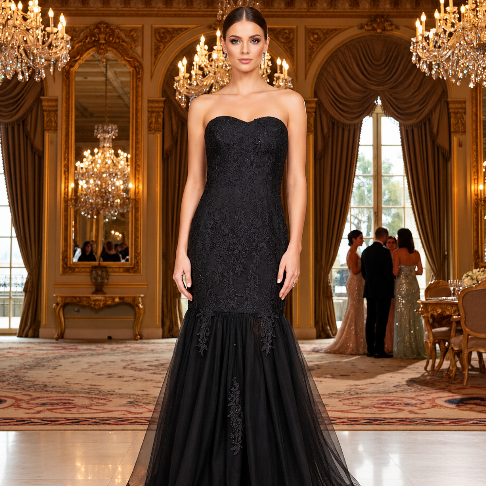 Shop the Hassa black strapless mermaid gown featuring floral lace, intricate beadwork, and a flattering fitted silhouette. Shop online from our exclusive website.