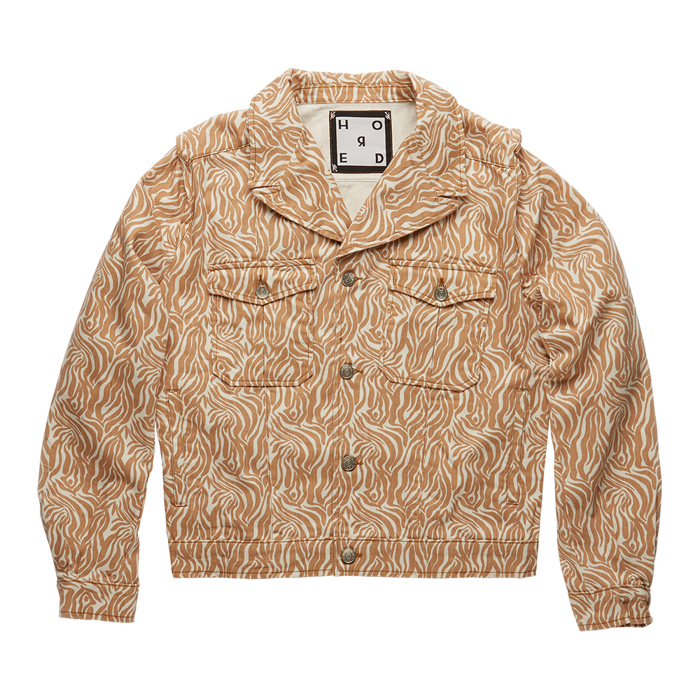 The Hatya off-white men's denim jacket is crafted in rigid denim patterned with a contrast animal motif 