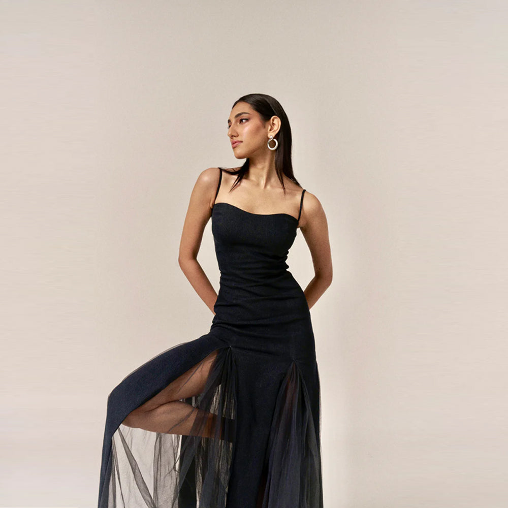 Denim dress with tulle and pleats, perfect for brunch and vacations. Shop online from our curated edit of premium fashion.