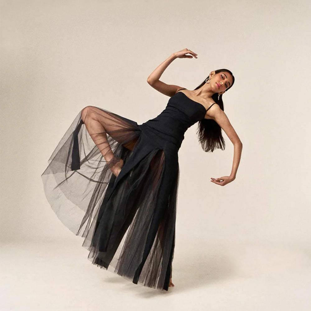 Denim dress with tulle and pleats, perfect for brunch and vacations. Shop online from our curated edit of premium fashion.