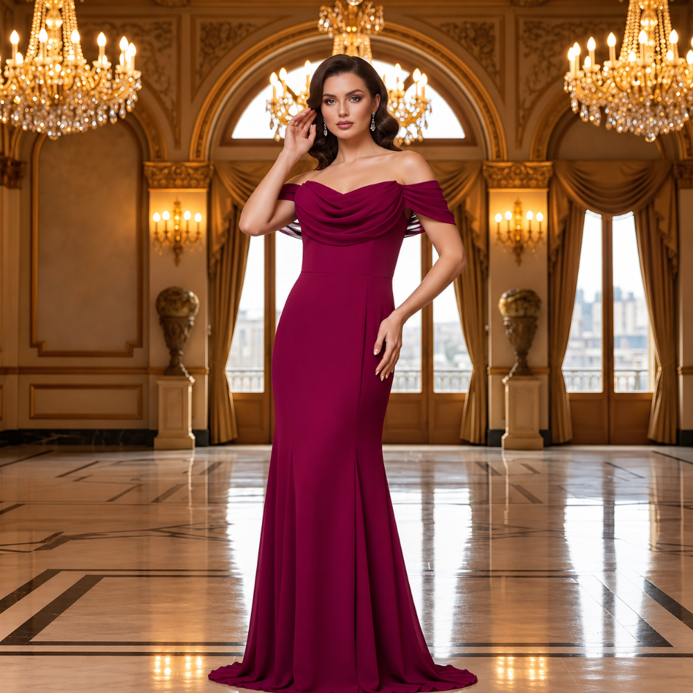 Shop online from our exclusive website. Discover the Hazel Berry chiffon evening gown featuring lightweight chiffon fabric, a classic round neckline, intricate detailing, and a flowing floor-length silhouette for elegant special occasions.