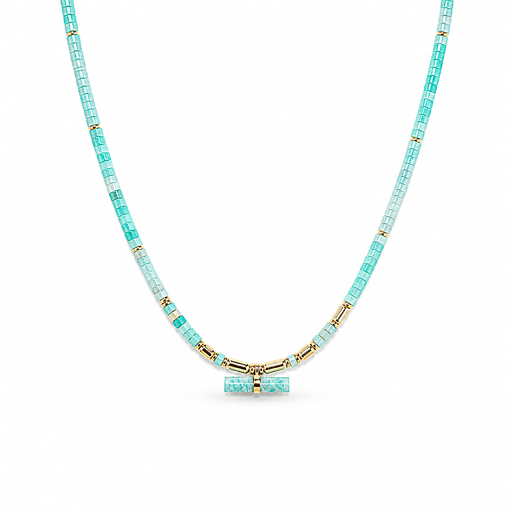 Discover the Hebe Amazonite T-Bar Necklace at The Luxe Maison, featuring serene green amazonite beads and a minimalist T-bar pendant for a modern, elegant look inspired by renewal and harmony.