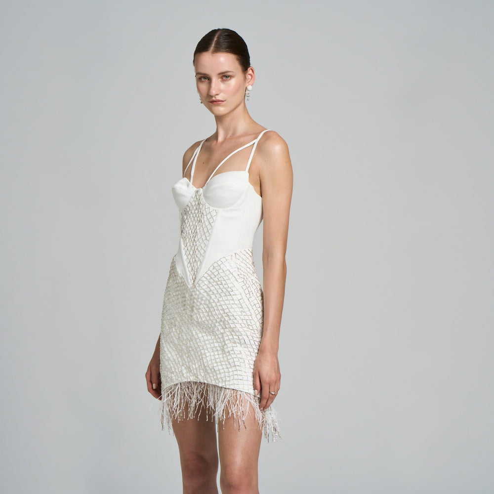 Hand embroidered detail .With suspenders .Underwire .Fringed .Feather detailed .Mini invitation dress