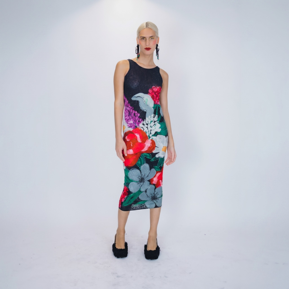 Vibrant floral mesh dress in recycled fabric. Flattering day-to-night fit. Shop premium styles online.