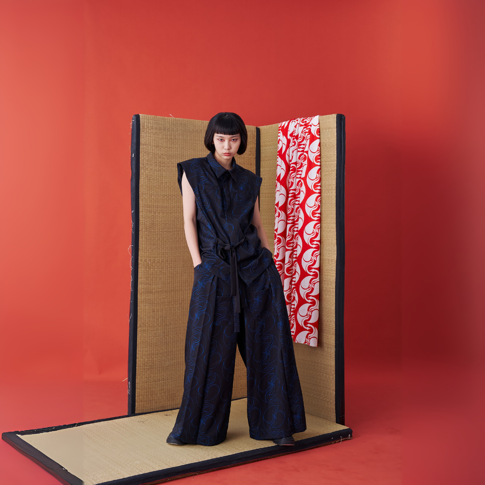 Fashion website brings INF Deconstructed Sleeveless Jinbei Shirt Blue printing Shop Now!