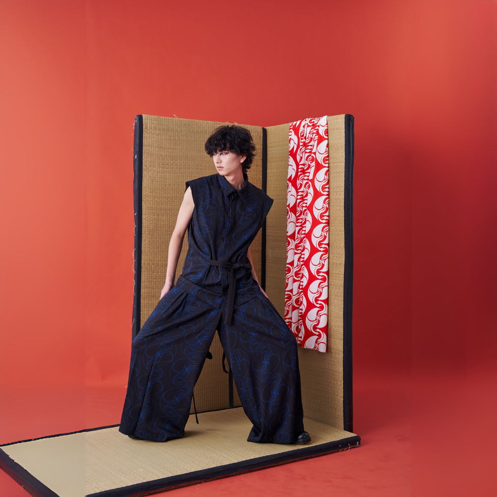 Fashion website brings INF Deconstructed Sleeveless Jinbei Shirt Blue printing Shop Now!