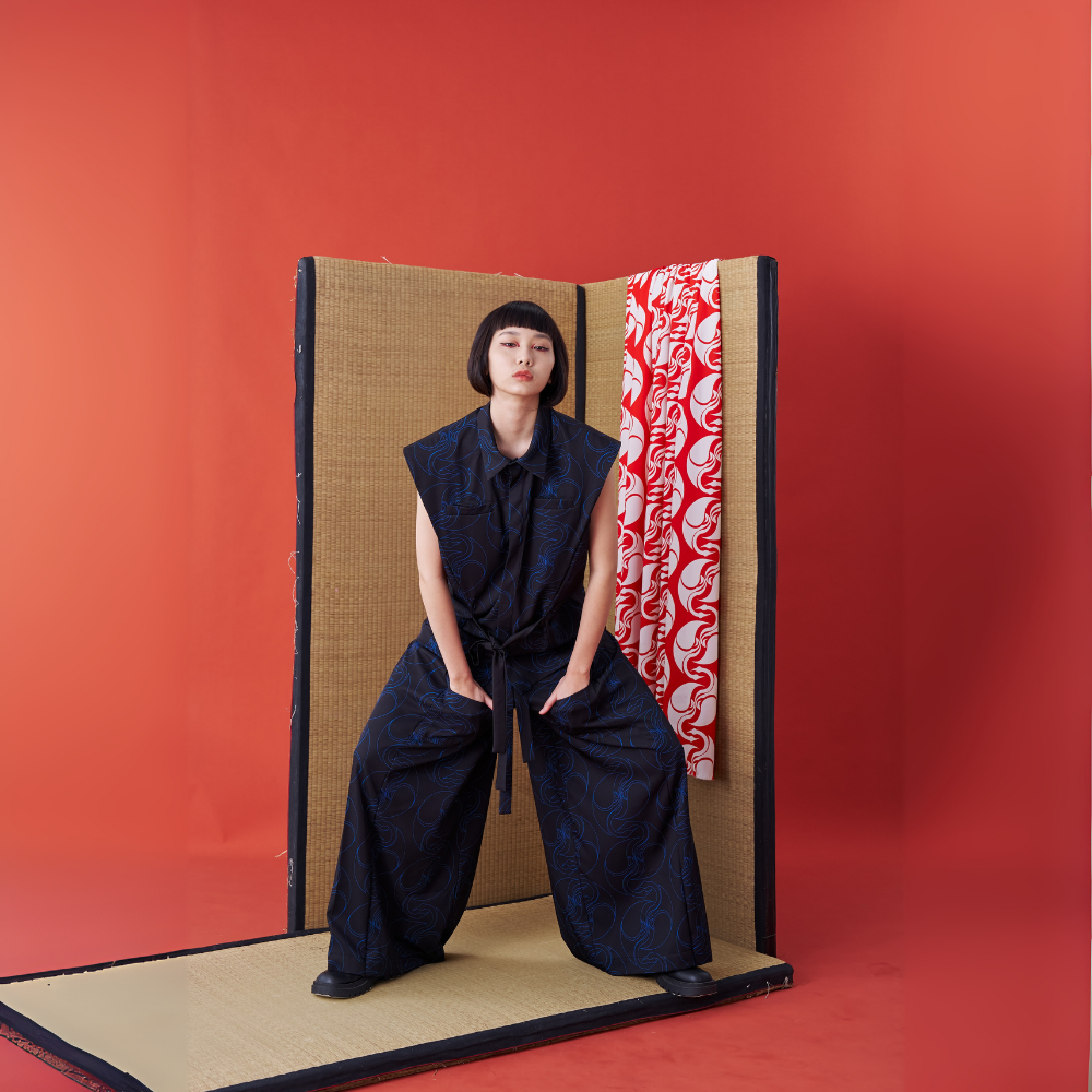 Fashion website brings INF Deconstructed Sleeveless Jinbei Shirt Blue printing Shop Now!