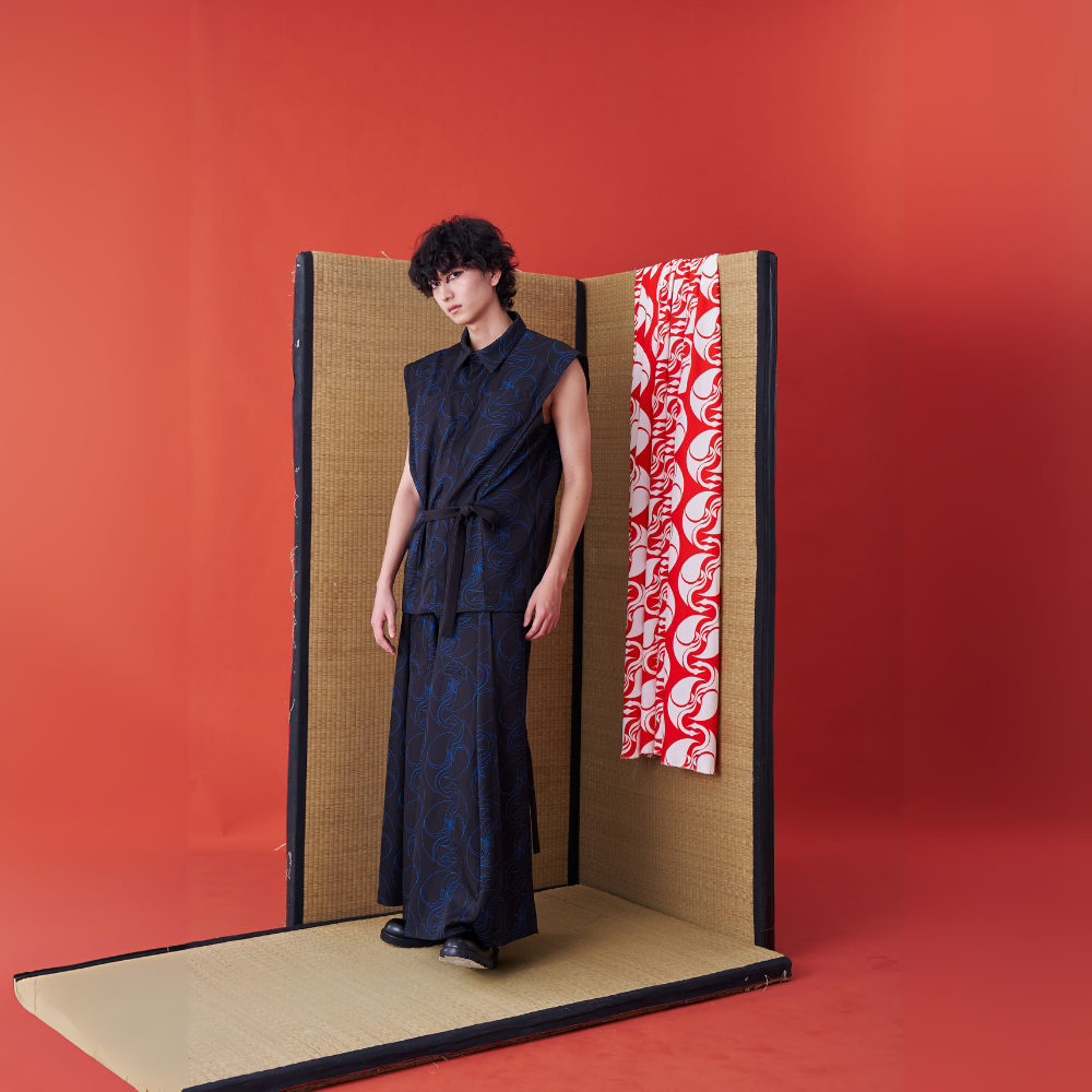 Fashion website brings INF Deconstructed Sleeveless Jinbei Shirt Blue printing Shop Now!