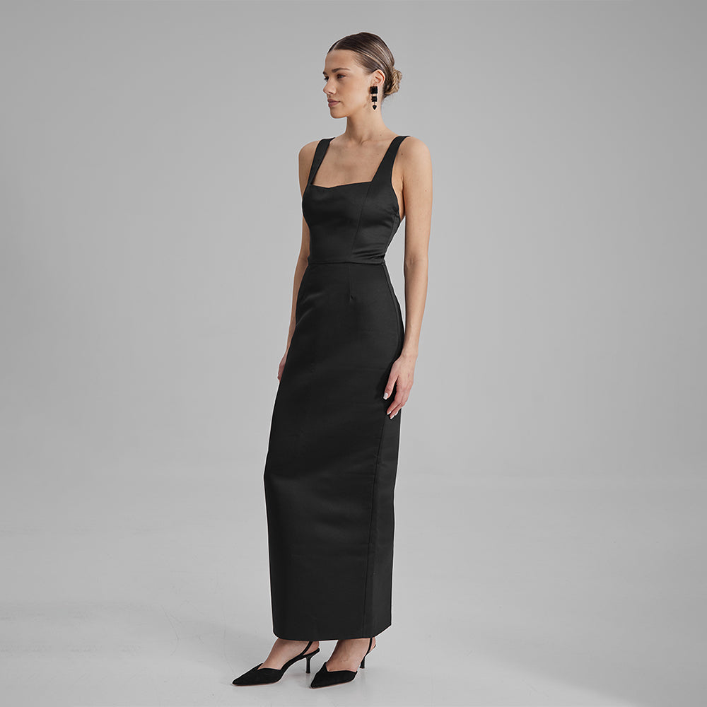 Explore women's evening dresses with our black column silhouette dress with a square neckline & adjustable straps to elevate your style. Shop now!