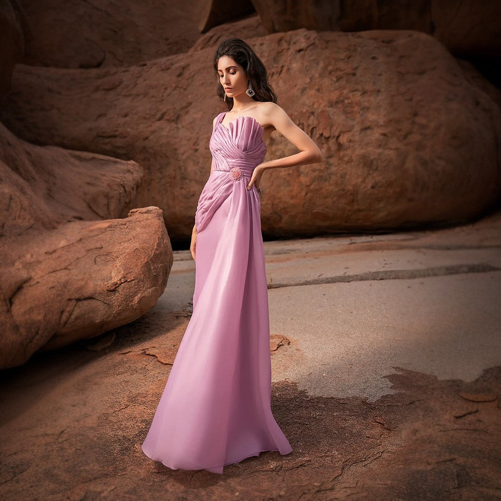 Pleated indo grecian drape gown with optional slit.