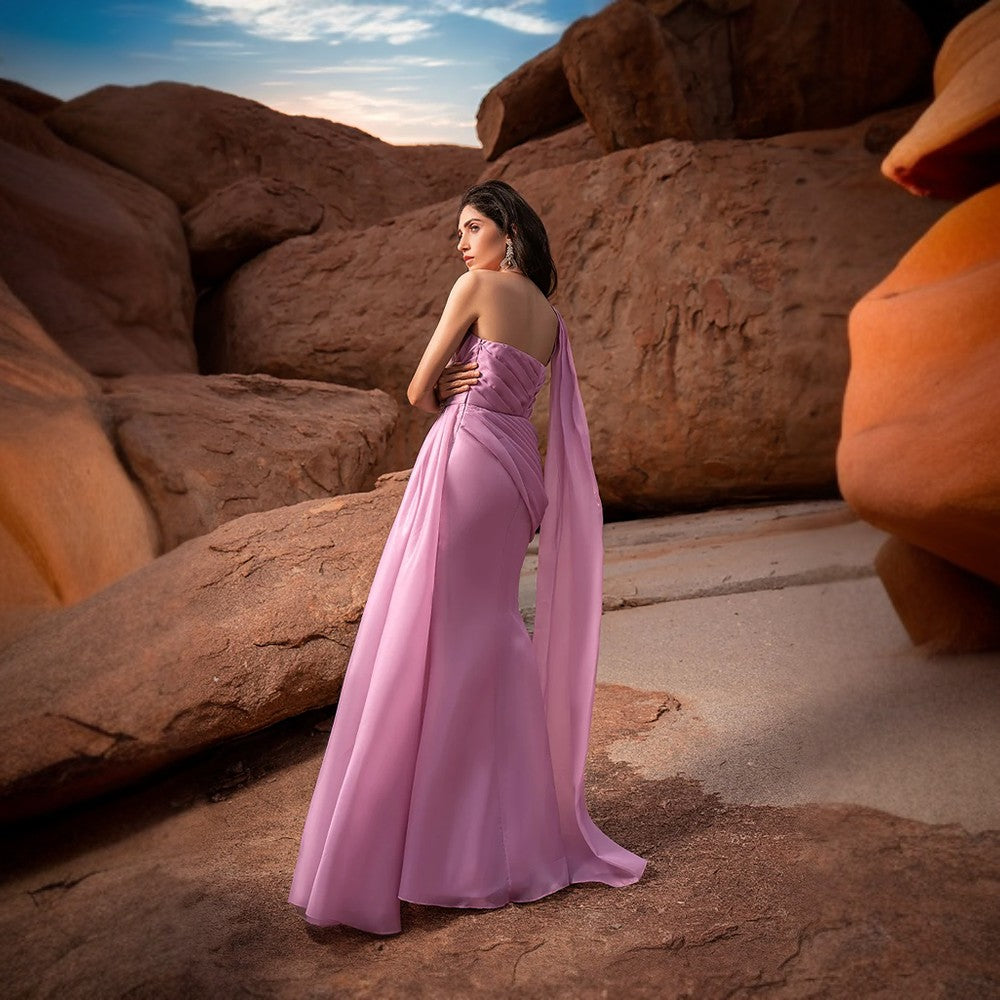 Pleated indo grecian drape gown with optional slit.