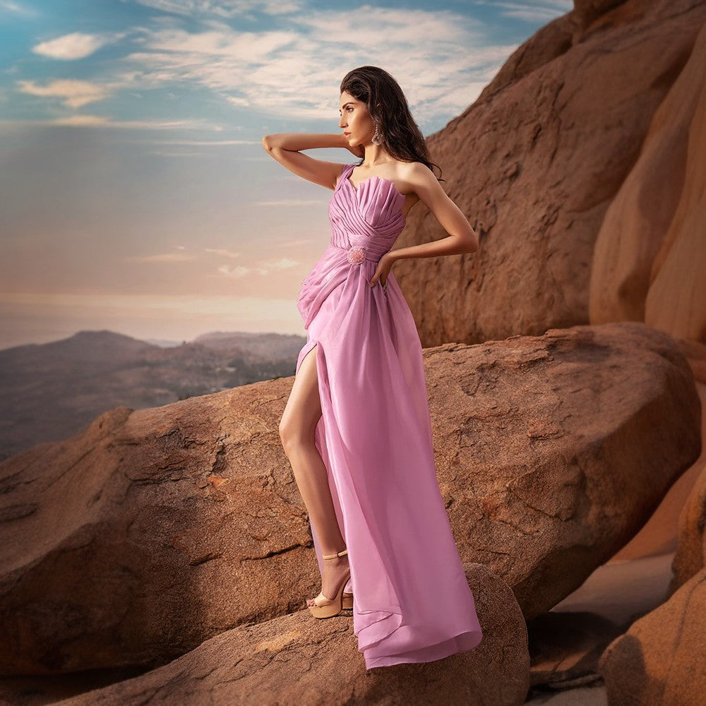 Pleated indo grecian drape gown with optional slit.