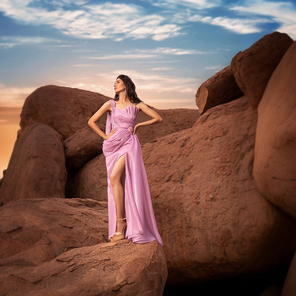 Pleated indo grecian drape gown with optional slit.