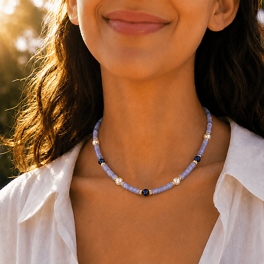 Discover the Iris Agate, Lapis Lazuli & Pearl Necklace at The Luxe Maison, featuring purple agate beads, deep blue lapis lazuli, and luminous freshwater pearls for an elegant, timeless look.