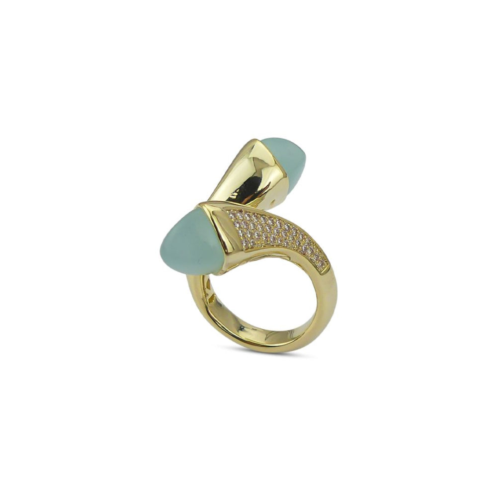 Shop online premium yellow gold plated cuff ring with pyramidal crystals & pave CZ stones.
