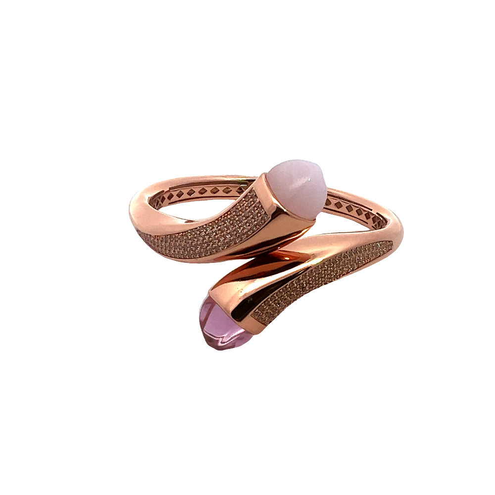 Elegant rose gold plated wrap cuff bracelet with rose quartz, mother of pearl crystals, and pavé cubic zirconia accents. Perfect for luxe everyday styling. Shop premium jewelry online.