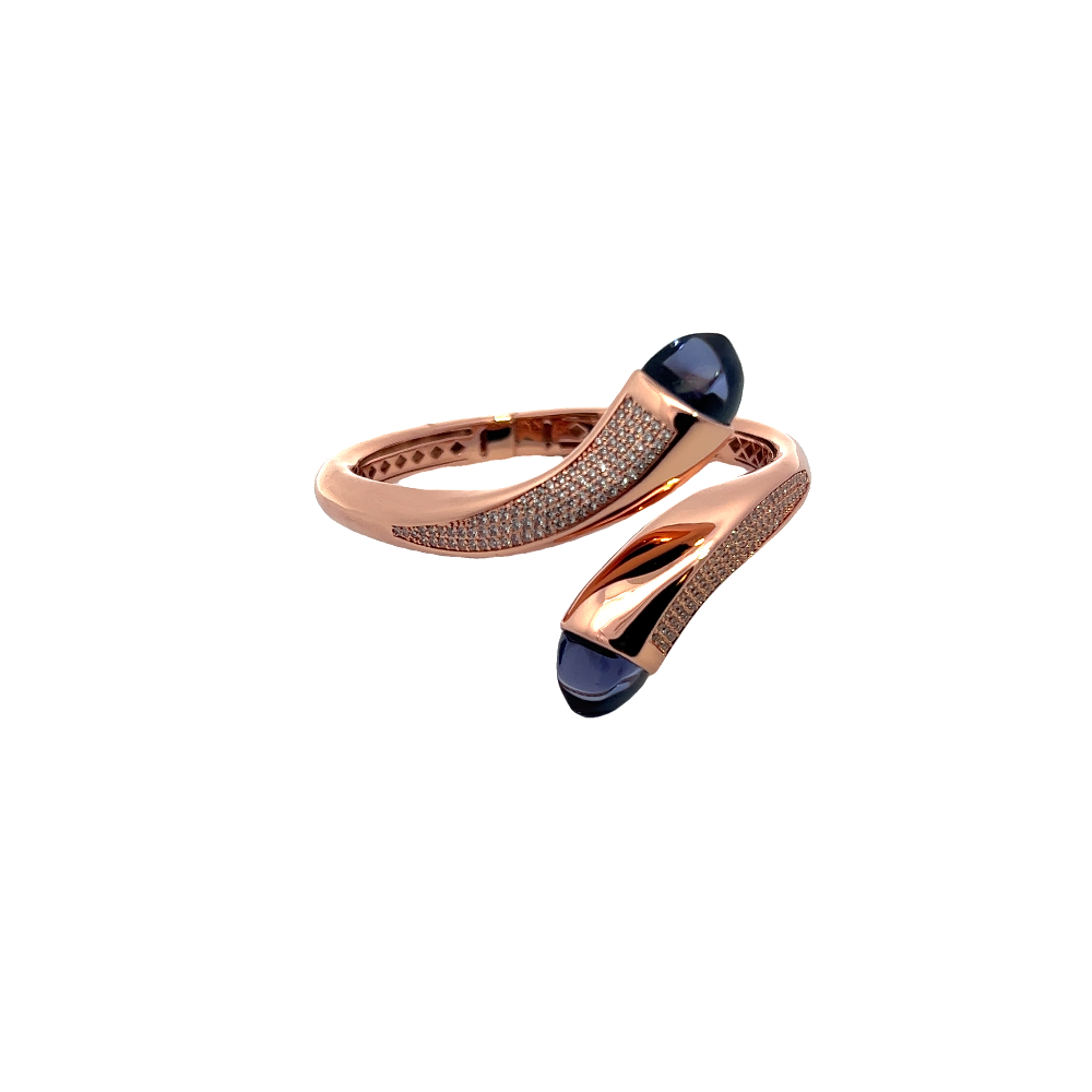 Elegant rose gold plated wrap cuff bracelet with rose quartz, mother of pearl crystals, and pavé cubic zirconia accents. Perfect for luxe everyday styling. Shop premium jewelry online.