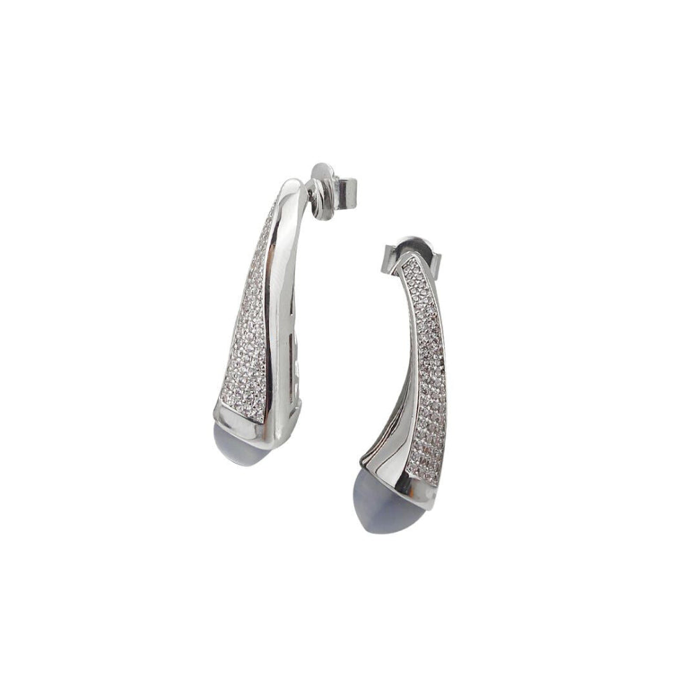 Shop online premium rhodium plated double teardrop earrings with pyramidal crystals and sparkling cubic zirconia accents for elegant modern styling.