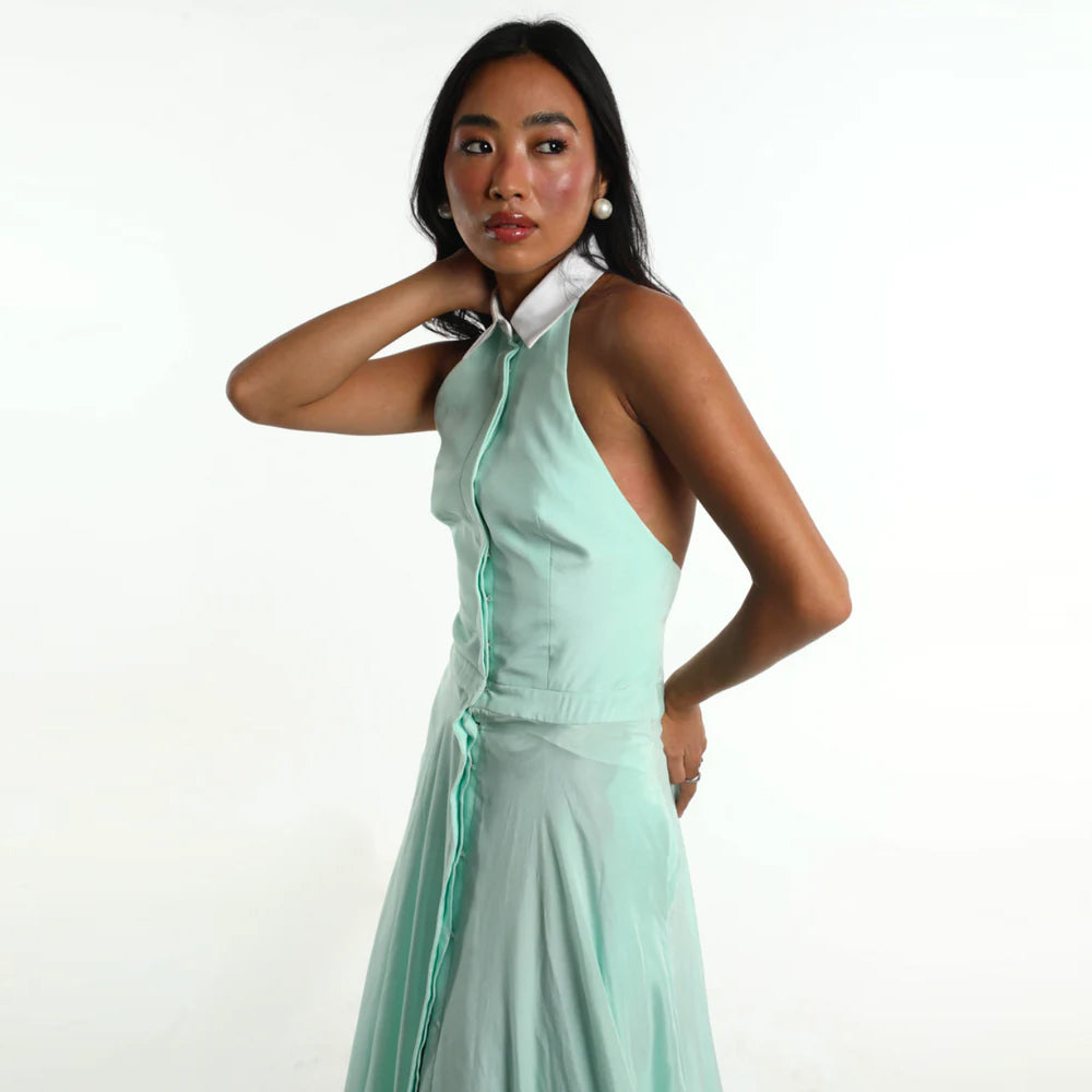 Halter dress with white collar and front slit, perfect for parties and resort wear. Shop online from our curated edit of premium fashion.