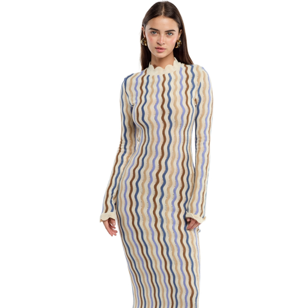 Shop the Issy Fall Maxi Dress at TLM, featuring long sleeves, a fitted silhouette and wavy earthy stripes. Explore luxury fashion on The Luxe Maison website.