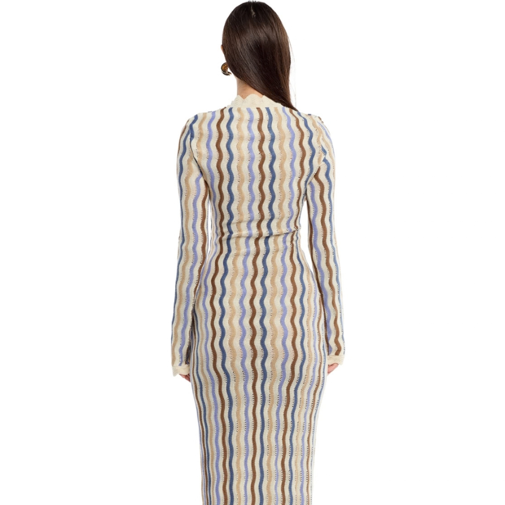 Shop the Issy Fall Maxi Dress at TLM, featuring long sleeves, a fitted silhouette and wavy earthy stripes. Explore luxury fashion on The Luxe Maison website.