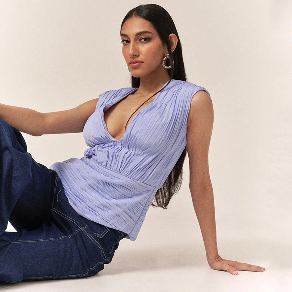 Pleated top with denim set and jeans, perfect for outings and styling. Shop online from our curated edit of premium fashion.