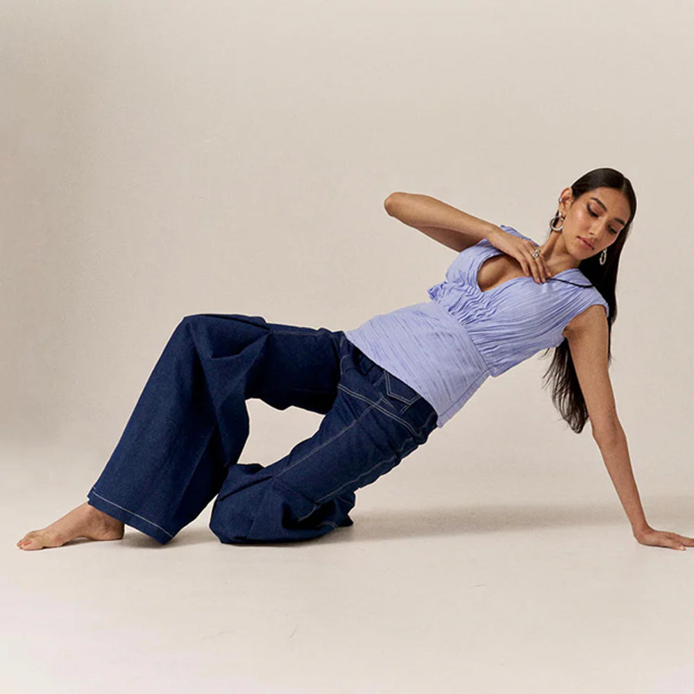 Pleated top with denim set and jeans, perfect for outings and styling. Shop online from our curated edit of premium fashion.