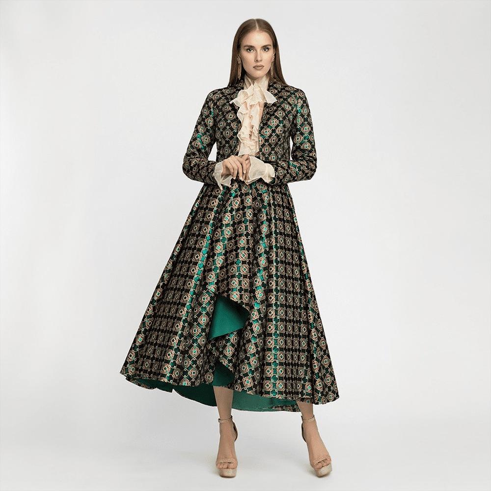 This set belongs to a deluxe collection from designer Ilona Matsour. Details: Jacket, Skirt. 