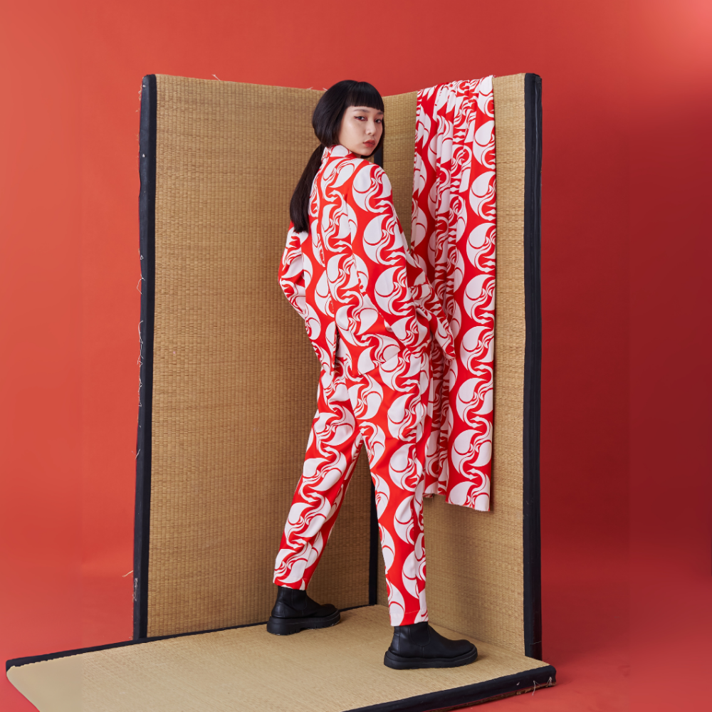 Elegant designer clothing online with Japanese Crane Print Suit Jacket. Shop Now!