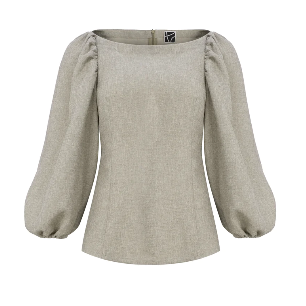 A line top with open shoulder and puff sleeve.