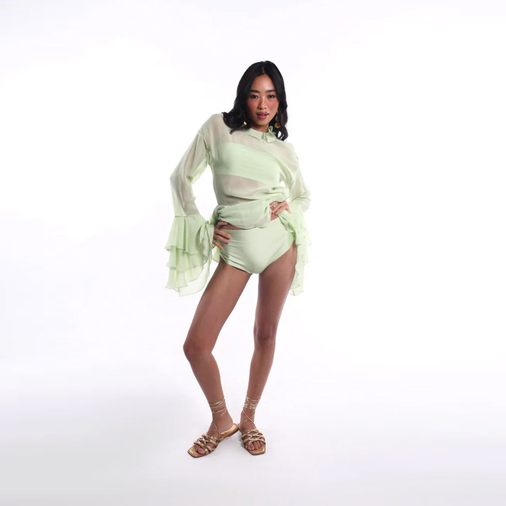 Mint green sheer dress with ruffled sleeves and tiered hem, perfect for events. Shop online from our curated edit of premium fashion.