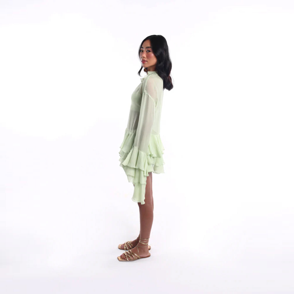 Mint green sheer dress with ruffled sleeves and tiered hem, perfect for events. Shop online from our curated edit of premium fashion.