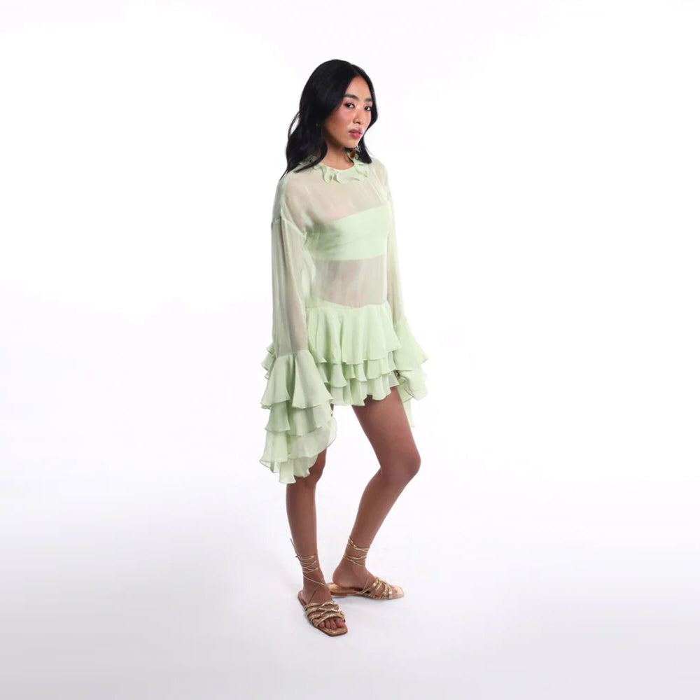 Mint green sheer dress with ruffled sleeves and tiered hem, perfect for events. Shop online from our curated edit of premium fashion.