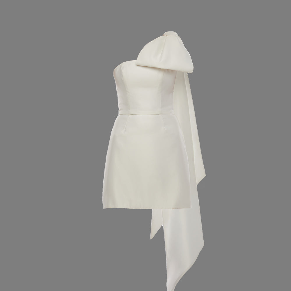 Shop our white mini dress crafted from Mikado with strapless corset and removable cape bow. Explore our range of designer dresses for women. Shop now!