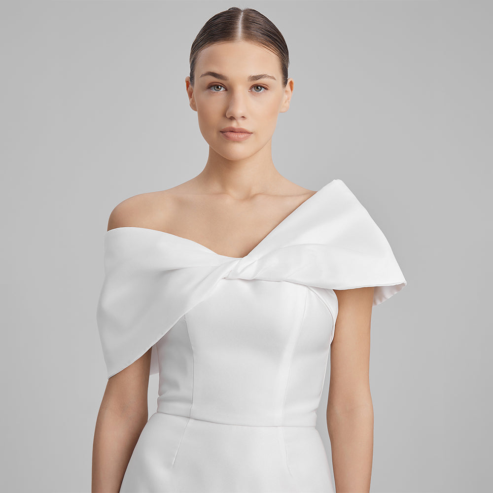 Shop our white mini dress crafted with Mikado with a strapless corset & removable shoulder bow. Explore our range of mini dresses for women. Shop now!