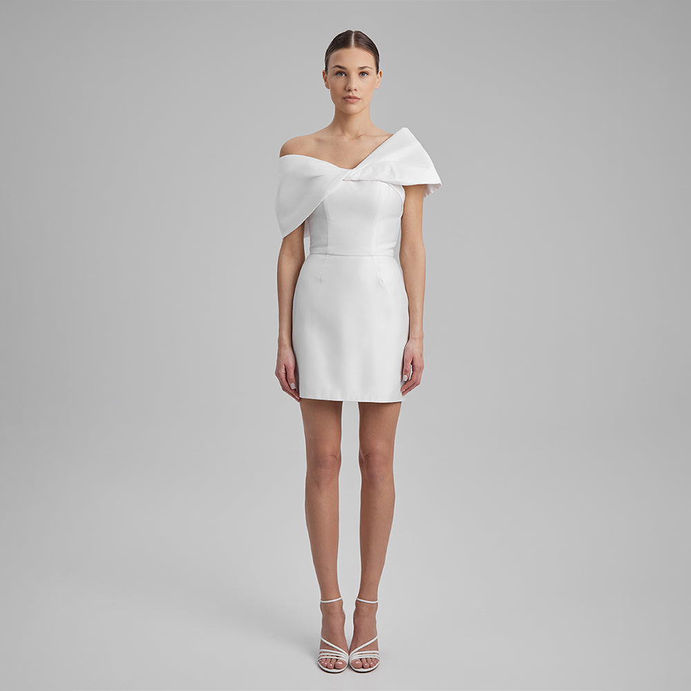 Shop our white mini dress crafted with Mikado with a strapless corset & removable shoulder bow. Explore our range of mini dresses for women. Shop now!