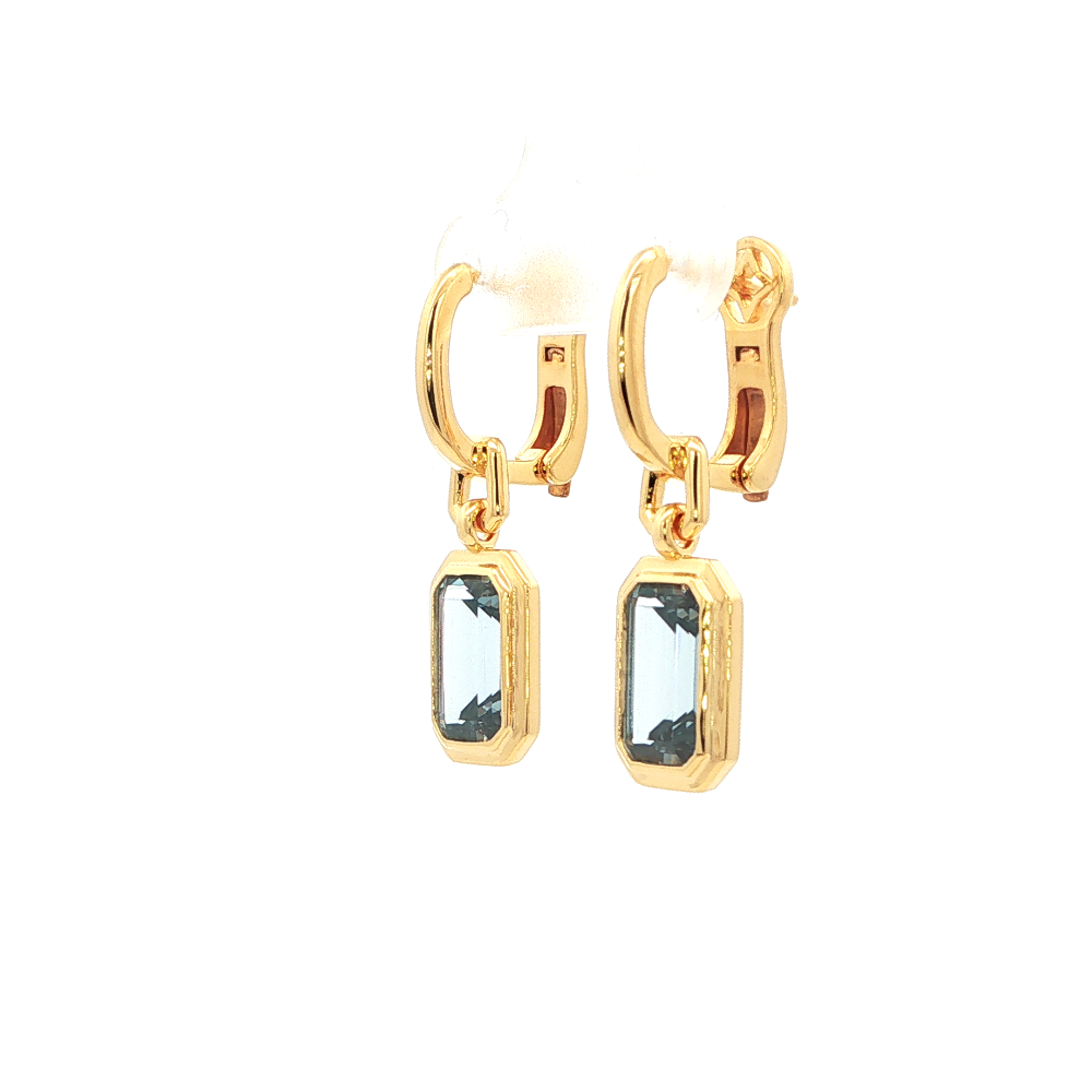 Shop online premium 18K gold-dipped sterling silver dangle earrings with created blue spinel stones.
