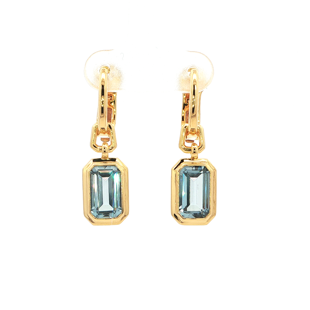Shop online premium 18K gold-dipped sterling silver dangle earrings with created blue spinel stones.