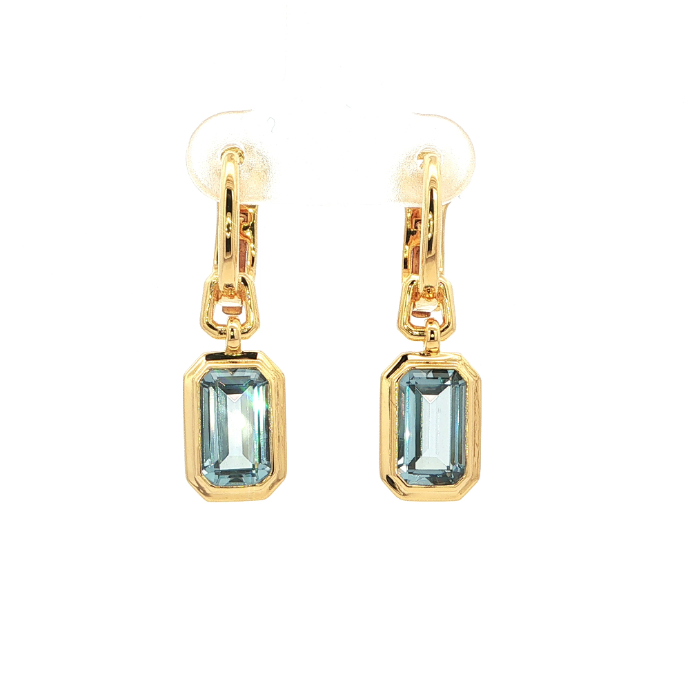 Shop online premium 18K gold-dipped sterling silver dangle earrings with created blue spinel stones.