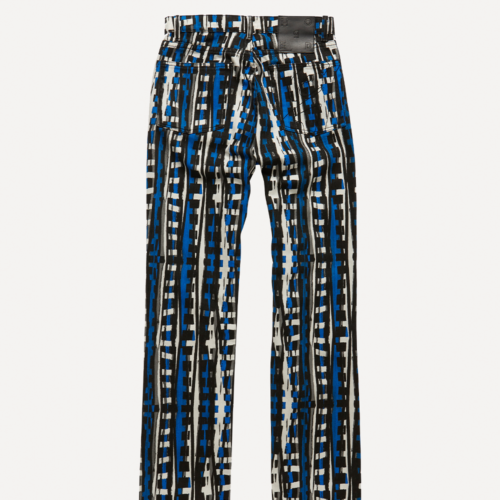 Cut from organic 100% cotton mid-weight printed denim in Klein blue, black and white. Mid-rise, straight leg fit.