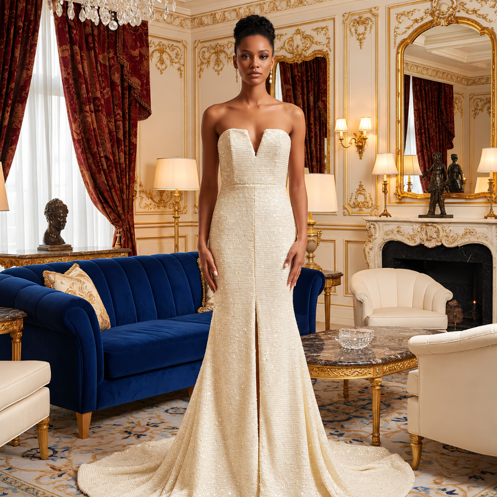 Shop online from our exclusive website. Discover the Moose peach evening gown featuring a smooth fabric, strappy neckline, embellished bodice, flattering floor-length silhouette, and elegant design for galas and special occasions.