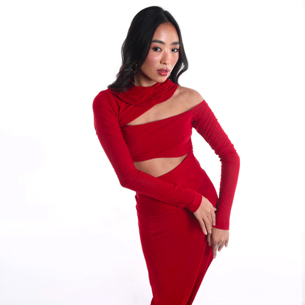 Crimson cut out dress in stretch jersey, perfect for parties and nights out. Shop online from our curated edit of premium fashion.