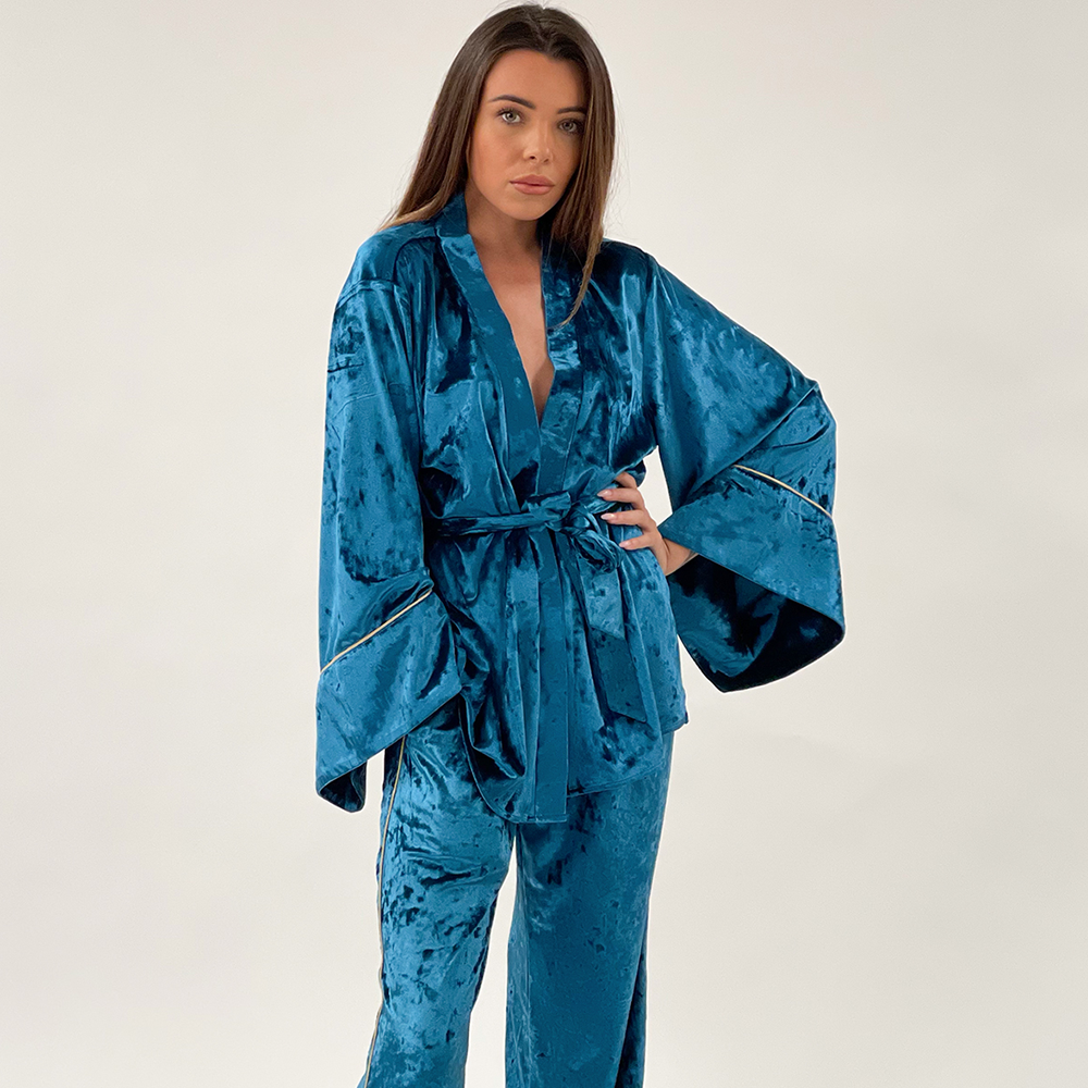 Shop our dark blue velour co-ord set for summer outwear essentials from our premium range of designer summer outfits. Shop now!