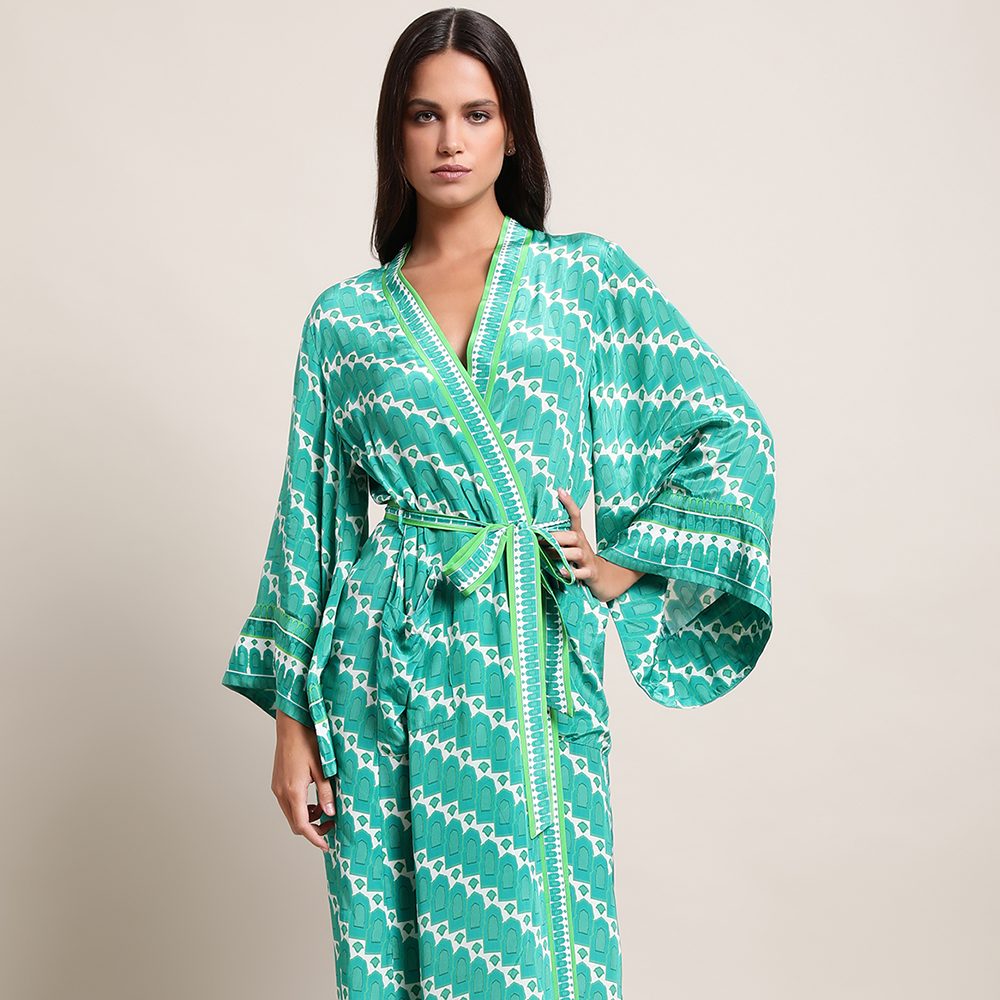 Shop our printed sea green kimono dress from our exclusive collection of designer outfits. Shop these summer wardrobe essentials for women. Shop now!