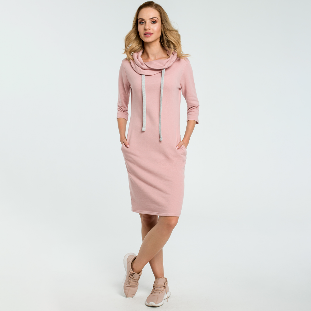 Knit cowl neck dress with tie string and3/4 sleeves.